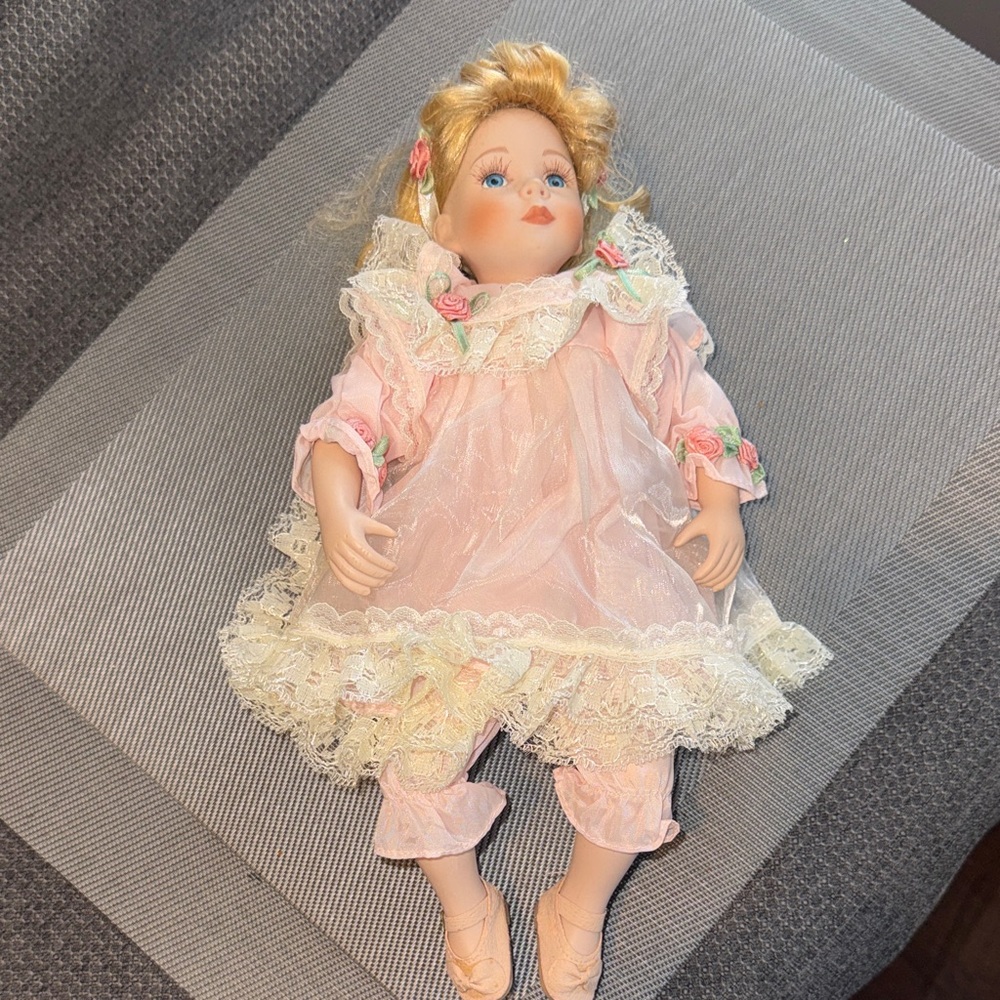 **3/$15** Vintage Porcelain Doll in Pink Dress 12 Inches Tall